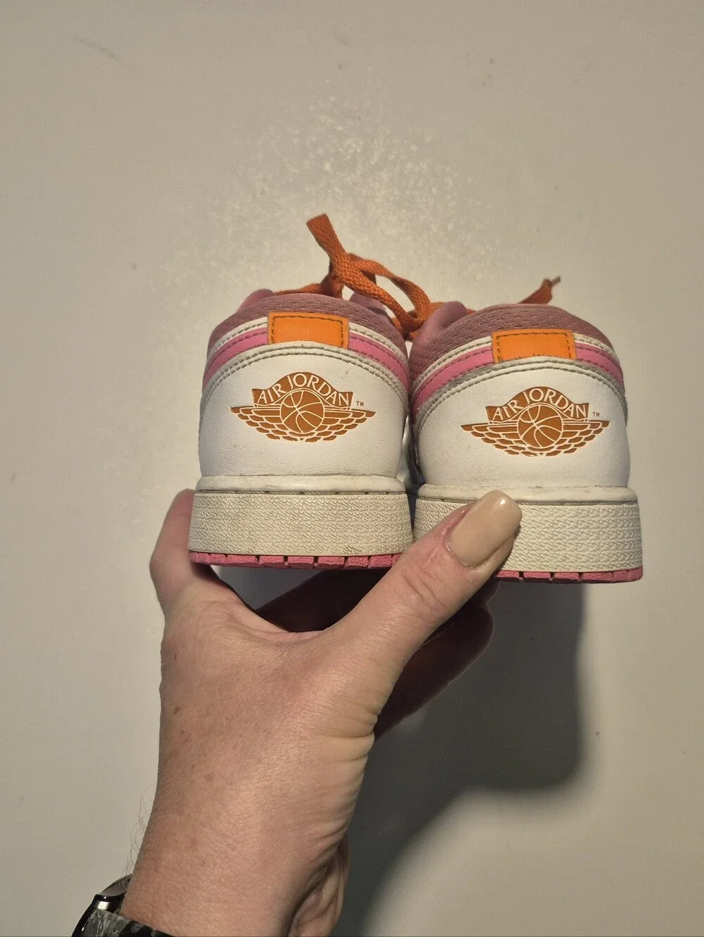 Nike Kids Air Jordan White Sneakers with Pink Swoosh and Orange Laces - Picture 3 of 7